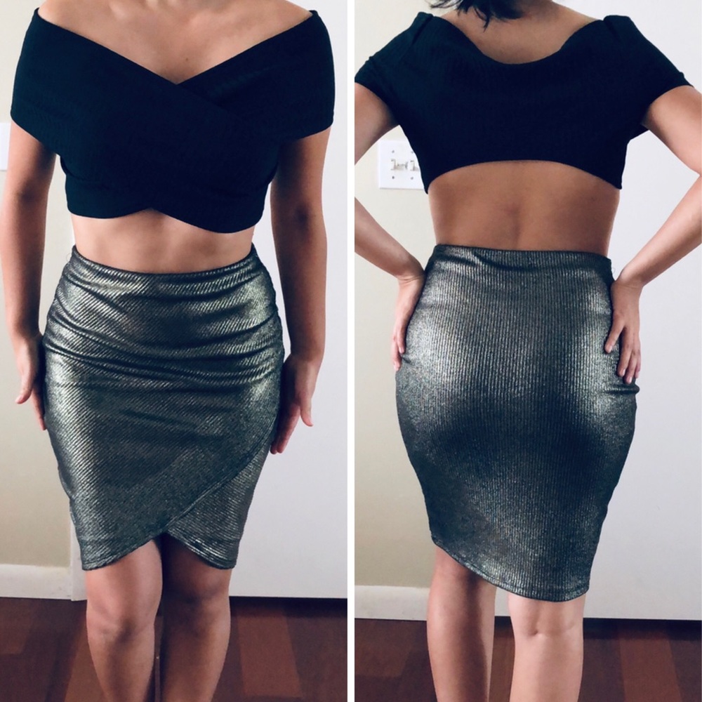 5 for $25! 💕 Agaci Golden Shimmer Black Mid Slit Pencil Skirt - Picture 8 of 10